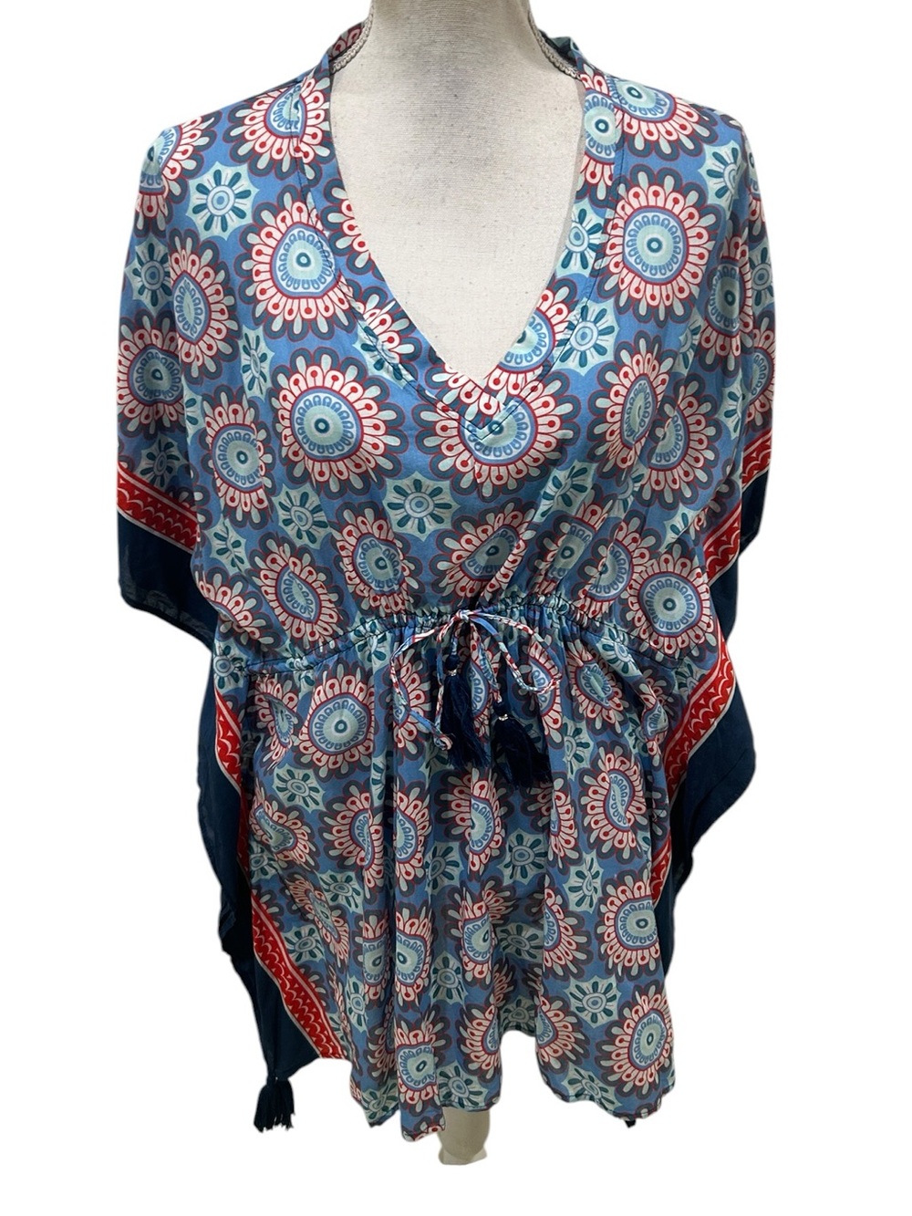 Echo navy Blue Floral Medallion V-Neck Tunic beach cover up tassels one size